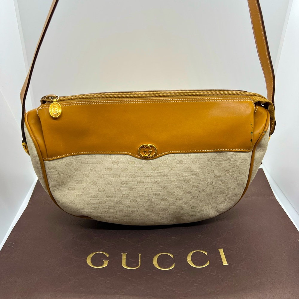 RARE Vintage Gucci GG Supreme Monogram Crossbody Bag Tan Beige Canvas & Leather
